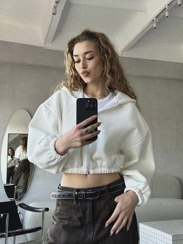 Sudadera informal con capucha de color liso para mujer, chaqueta corta de manga larga con cremallera y cárdigan 