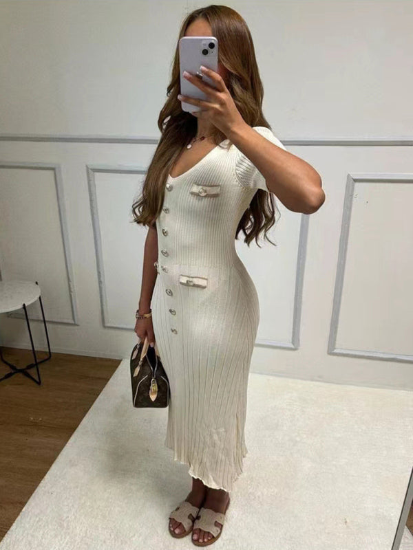 Vestido nuevo de manga corta con cuello en V para mujer 