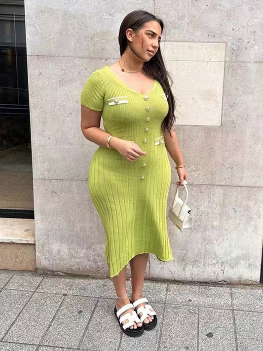 Vestido nuevo de manga corta con cuello en V para mujer 