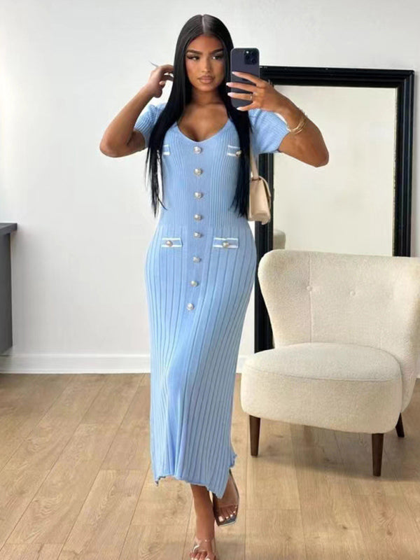 Vestido nuevo de manga corta con cuello en V para mujer 