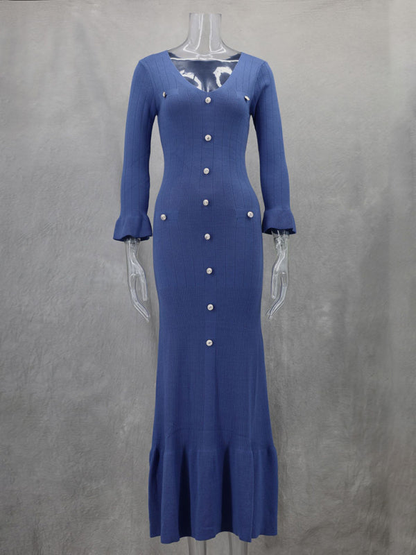 Vestido de punto de manga larga, ajustado y largo, de moda de otoño e invierno. 