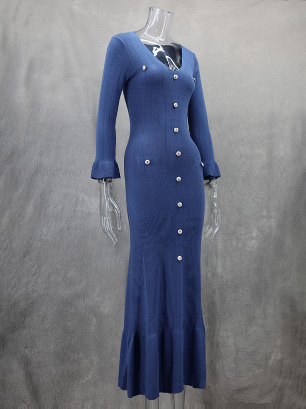 Vestido de punto de manga larga, ajustado y largo, de moda de otoño e invierno. 