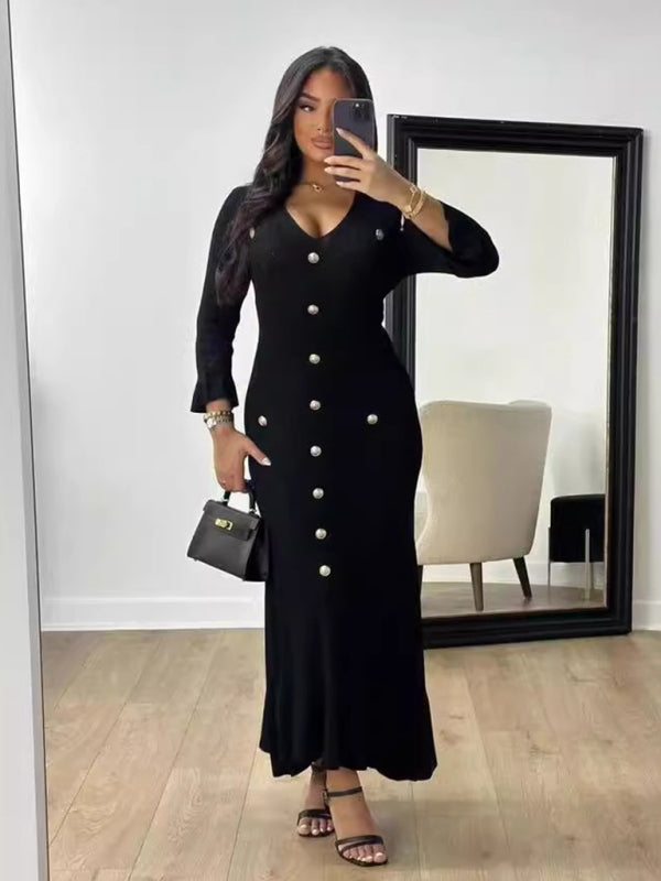 Vestido de punto de manga larga, ajustado y largo, de moda de otoño e invierno. 