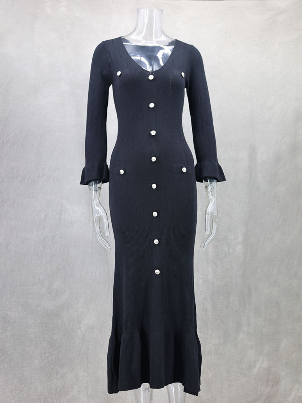 Vestido de punto de manga larga, ajustado y largo, de moda de otoño e invierno. 