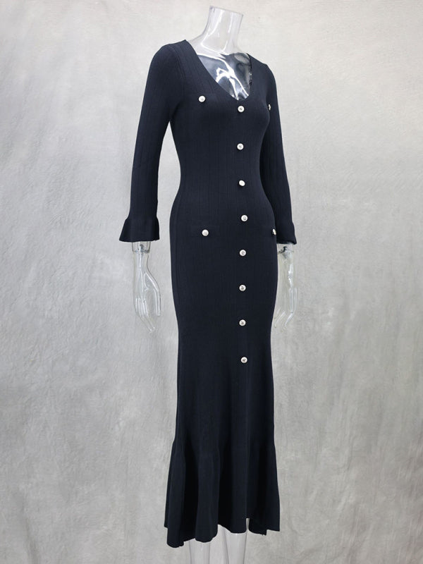 Vestido de punto de manga larga, ajustado y largo, de moda de otoño e invierno. 