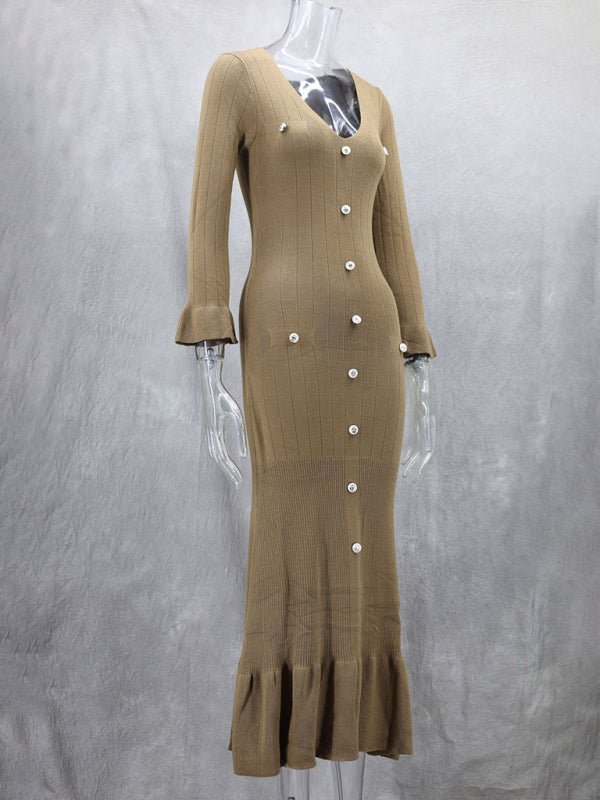 Vestido de punto de manga larga, ajustado y largo, de moda de otoño e invierno. 
