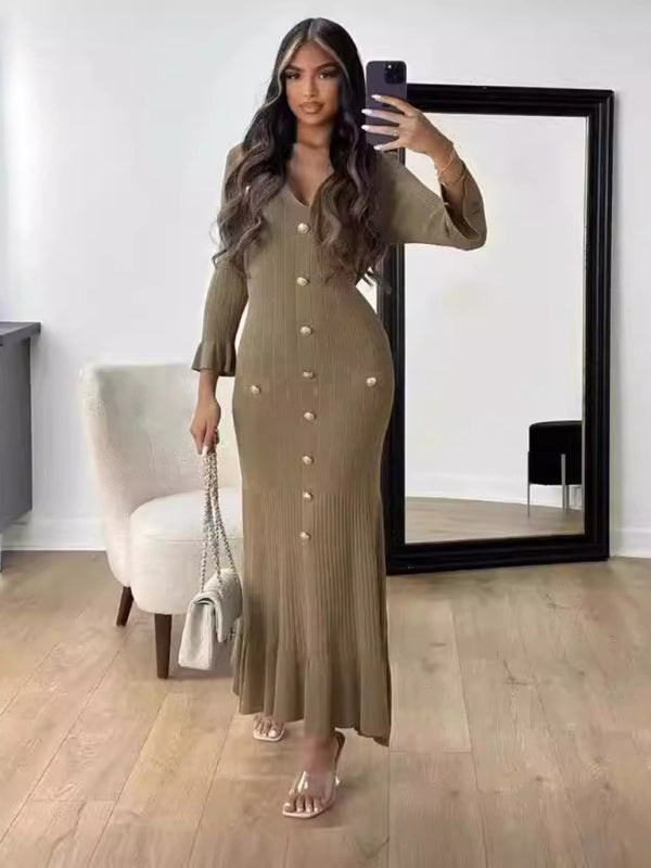 Vestido de punto de manga larga, ajustado y largo, de moda de otoño e invierno. 