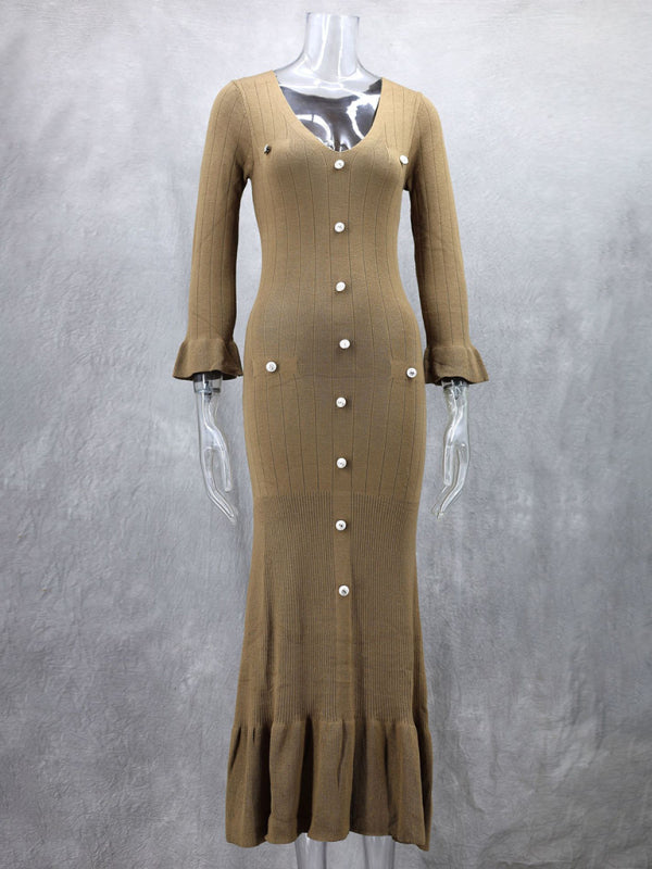 Vestido de punto de manga larga, ajustado y largo, de moda de otoño e invierno. 