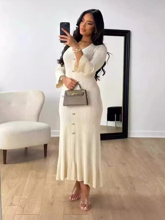 Vestido de punto de manga larga, ajustado y largo, de moda de otoño e invierno. 