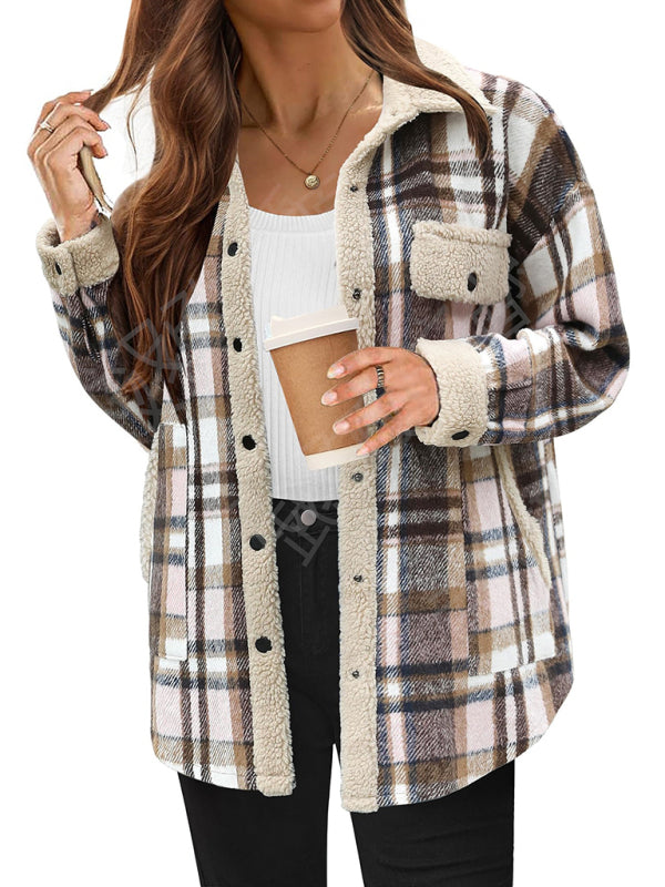 Abrigo informal de otoño e invierno, chaqueta a cuadros de color contrastante, abrigo informal de terciopelo con solapa 