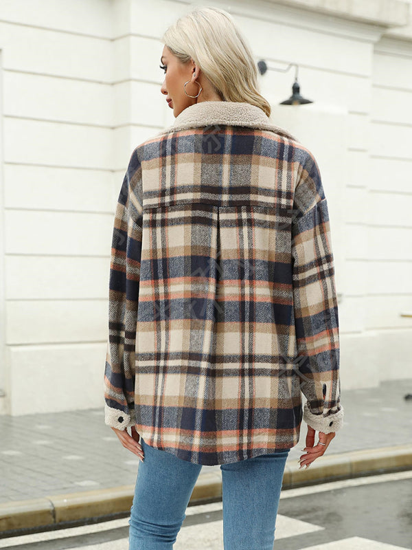 Abrigo informal de otoño e invierno, chaqueta a cuadros de color contrastante, abrigo informal de terciopelo con solapa 