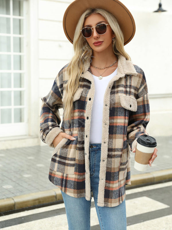 Abrigo informal de otoño e invierno, chaqueta a cuadros de color contrastante, abrigo informal de terciopelo con solapa 