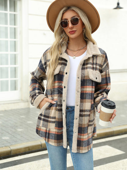 Abrigo informal de otoño e invierno, chaqueta a cuadros de color contrastante, abrigo informal de terciopelo con solapa 