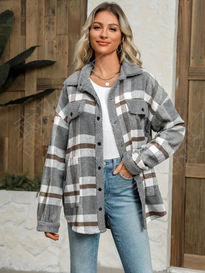 Abrigo informal de otoño e invierno, chaqueta a cuadros de color contrastante, abrigo informal de terciopelo con solapa 
