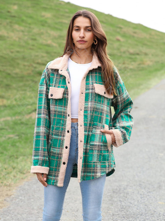 Abrigo informal de otoño e invierno, chaqueta a cuadros de color contrastante, abrigo informal de terciopelo con solapa 