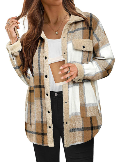 Abrigo informal de otoño e invierno, chaqueta a cuadros de color contrastante, abrigo informal de terciopelo con solapa 