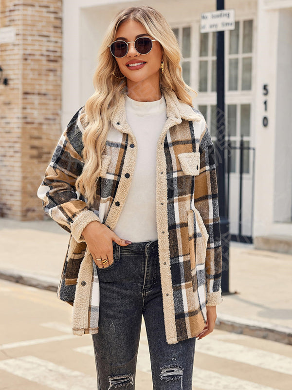 Abrigo informal de otoño e invierno, chaqueta a cuadros de color contrastante, abrigo informal de terciopelo con solapa 