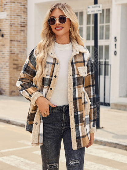 Abrigo informal de otoño e invierno, chaqueta a cuadros de color contrastante, abrigo informal de terciopelo con solapa 