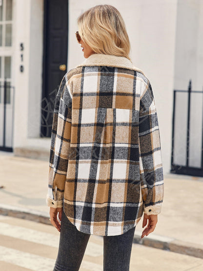 Abrigo informal de otoño e invierno, chaqueta a cuadros de color contrastante, abrigo informal de terciopelo con solapa 