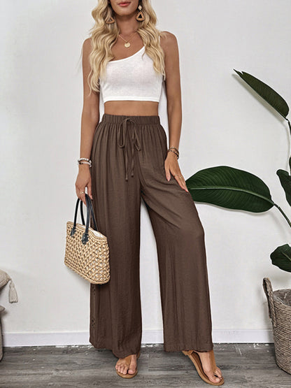 Pantalones anchos y sueltos de color liso con bordados y cordones de estilo sencillo 