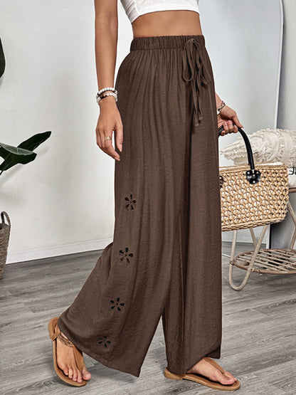 Pantalones anchos y sueltos de color liso con bordados y cordones de estilo sencillo 