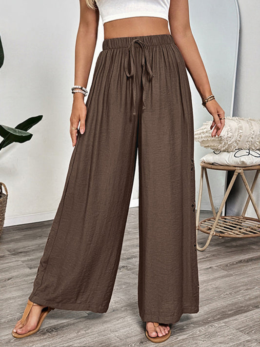 Pantalones anchos y sueltos de color liso con bordados y cordones de estilo sencillo 