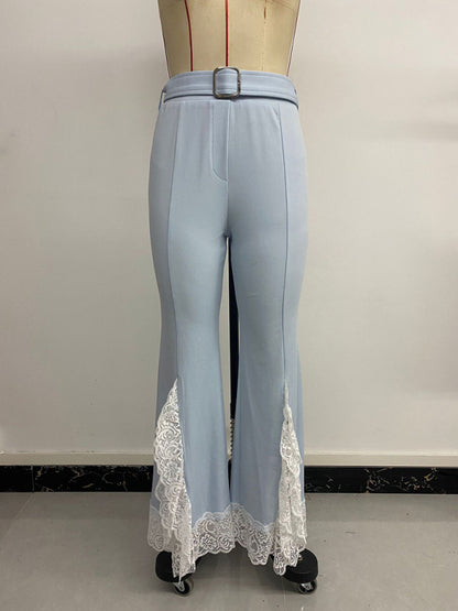 Pantalones acampanados casuales y elegantes con cinturón de cintura alta de encaje de color sólido 
