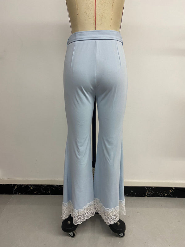 Pantalones acampanados casuales y elegantes con cinturón de cintura alta de encaje de color sólido 