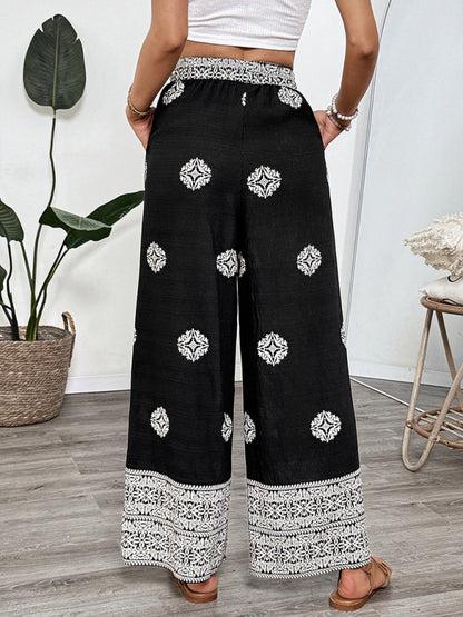 Pantalones rectos cómodos casuales con cordón y cintura elástica con estampado de estilo étnico 