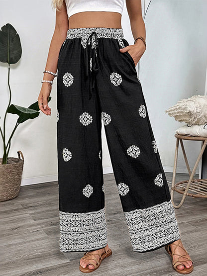 Pantalones rectos cómodos casuales con cordón y cintura elástica con estampado de estilo étnico 