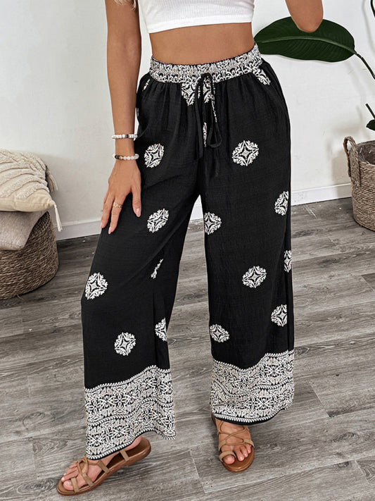 Pantalones rectos cómodos casuales con cordón y cintura elástica con estampado de estilo étnico 