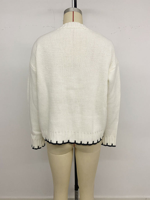 Suéter retro de moda con cuello redondo, manga larga y contraste a rayas 