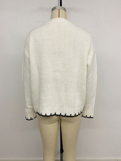 Suéter retro de moda con cuello redondo, manga larga y contraste a rayas 