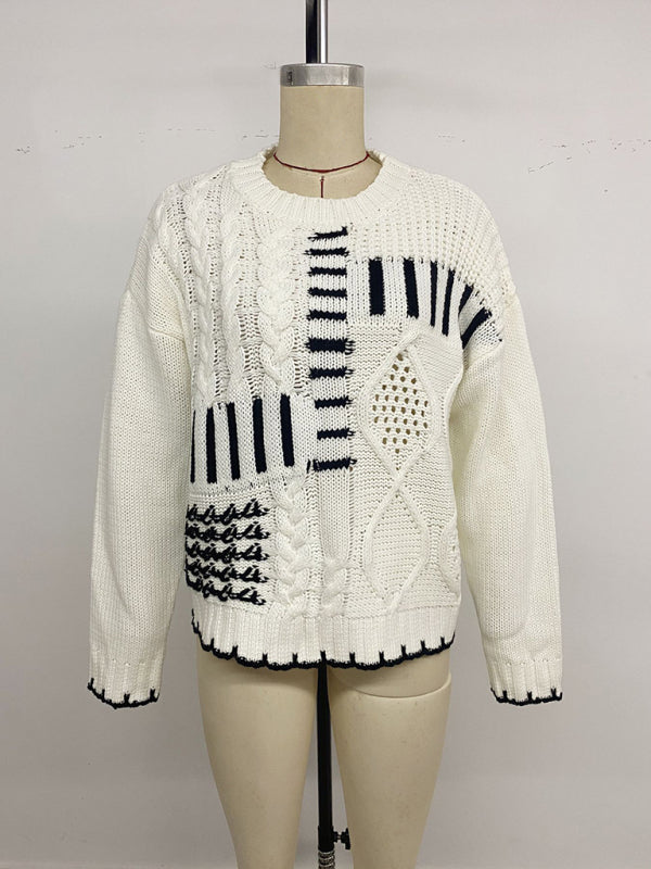 Suéter retro de moda con cuello redondo, manga larga y contraste a rayas 
