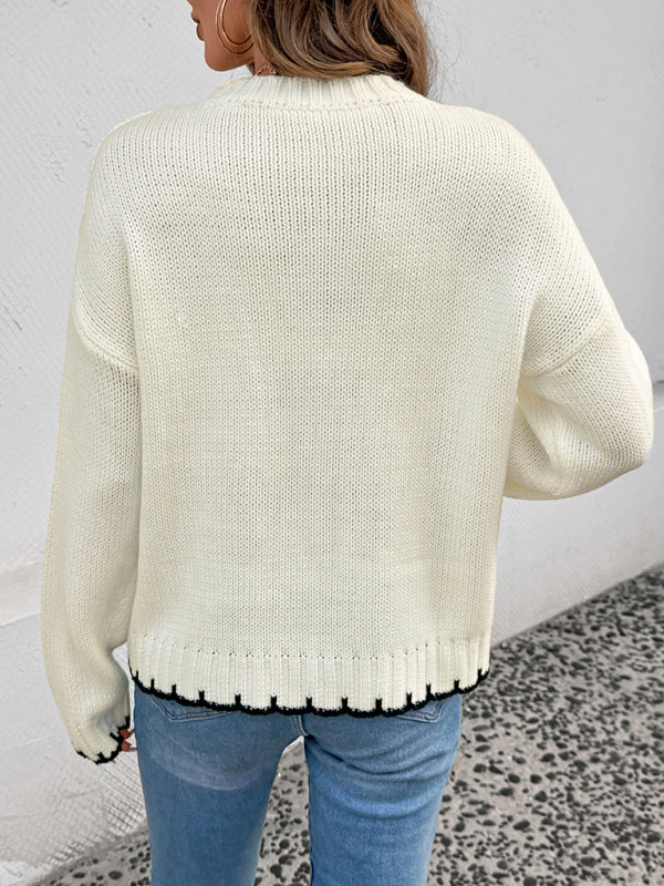 Suéter retro de moda con cuello redondo, manga larga y contraste a rayas 