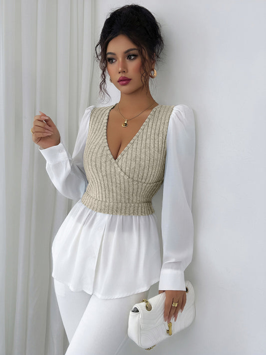 Elegante camisa de manga larga con patchwork 