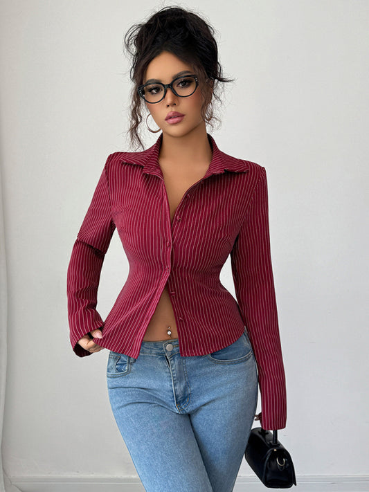 Camisa tipo cárdigan informal, sencilla, de manga larga y a rayas de alta gama. 