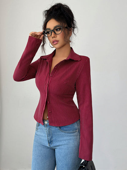 Camisa tipo cárdigan informal, sencilla, de manga larga y a rayas de alta gama. 