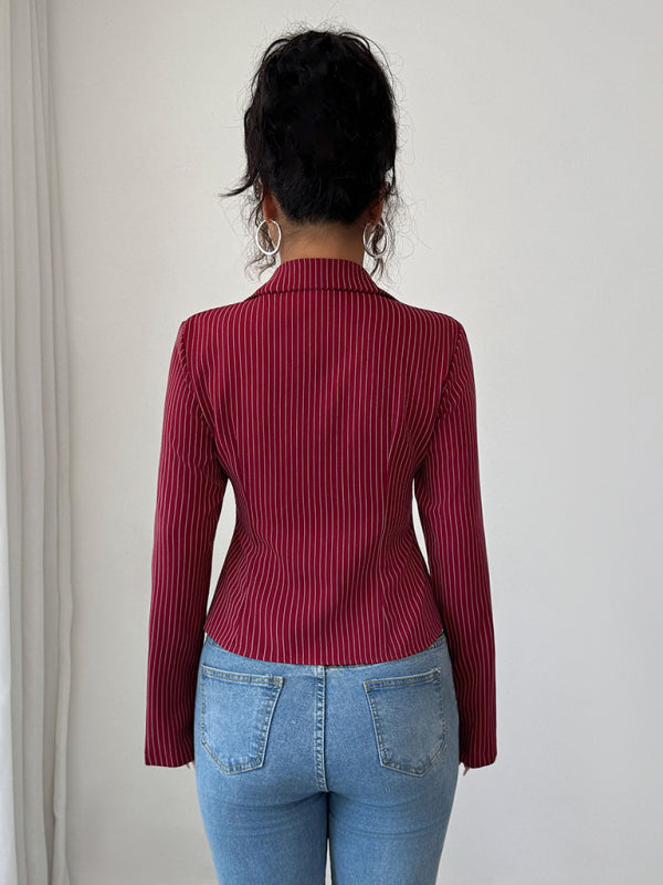 Camisa tipo cárdigan informal, sencilla, de manga larga y a rayas de alta gama. 