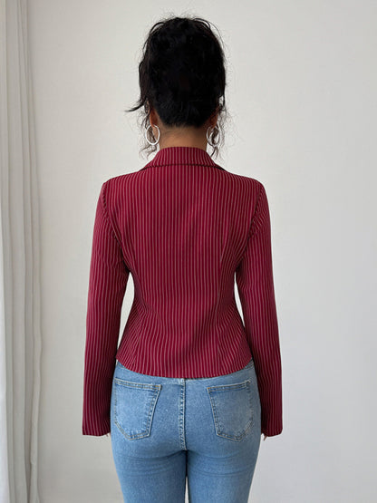 Camisa tipo cárdigan informal, sencilla, de manga larga y a rayas de alta gama. 