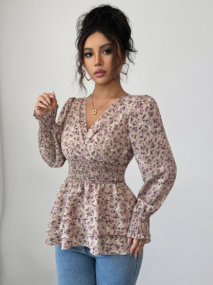 Camiseta floral de manga larga con cintura floral 