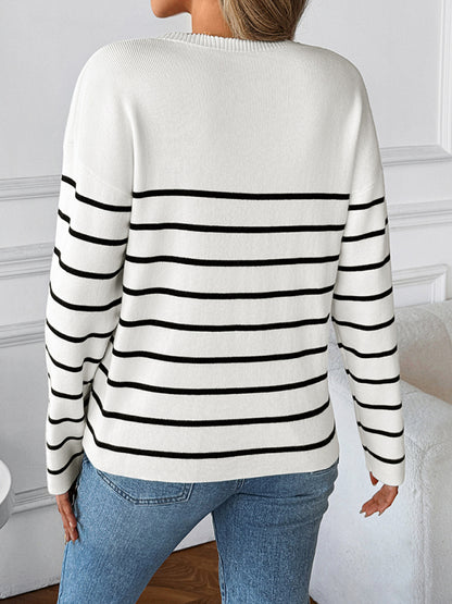 V-neck long-sleeved sweater with striped knitted top