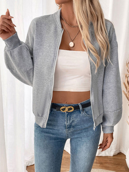 Chaqueta retro informal sencilla con cuello de béisbol, manga larga, color sólido y terciopelo grueso. 