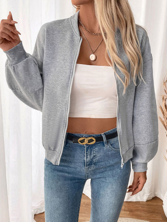 Chaqueta retro informal sencilla con cuello de béisbol, manga larga, color sólido y terciopelo grueso. 