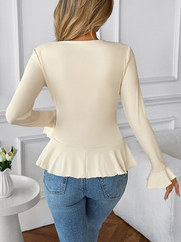 New solid color sweet and gentle V-neck ruffled top T-shirt