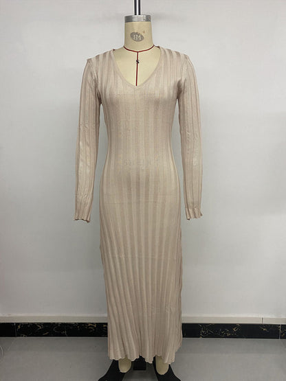 Vestido de punto de manga larga con cuello en V 