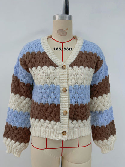 Women's contrast color V-neck long-sleeved loose V-neck knitted cardigan sweater
