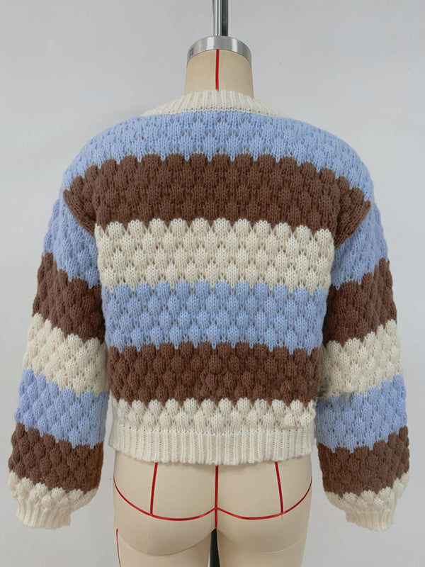 Women's contrast color V-neck long-sleeved loose V-neck knitted cardigan sweater
