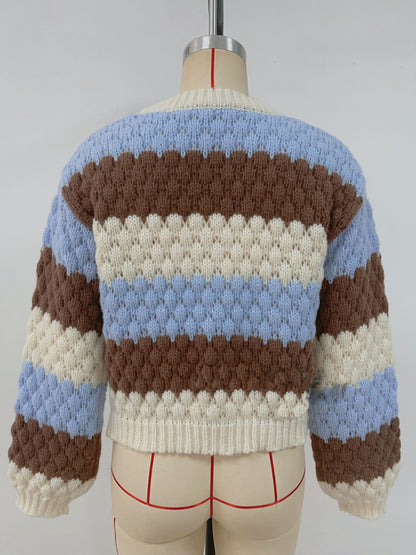 Women's contrast color V-neck long-sleeved loose V-neck knitted cardigan sweater
