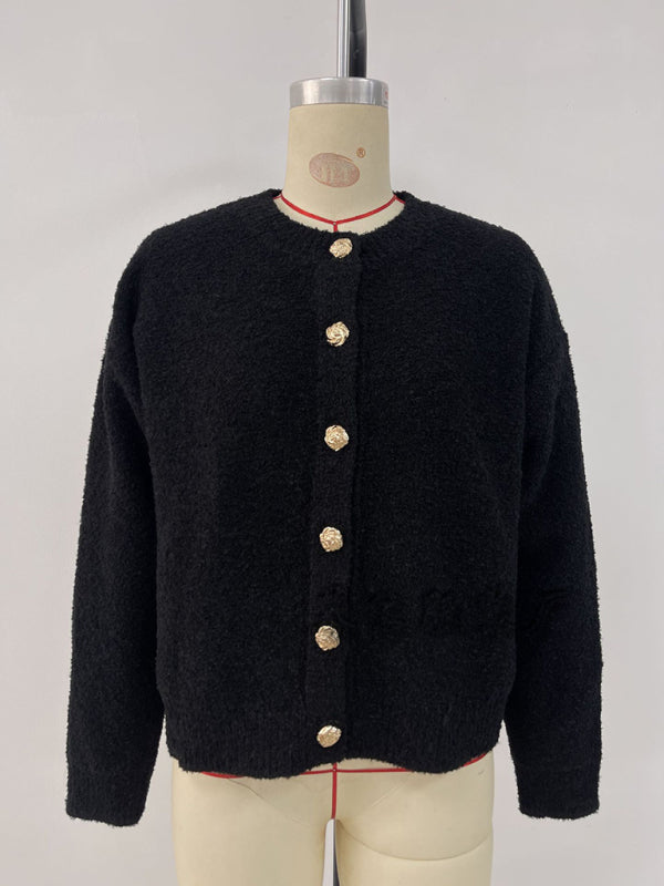 Suéter de color sólido, suéter de punto de moda, cuello redondo, cárdigan con botones, chaqueta, suéter 